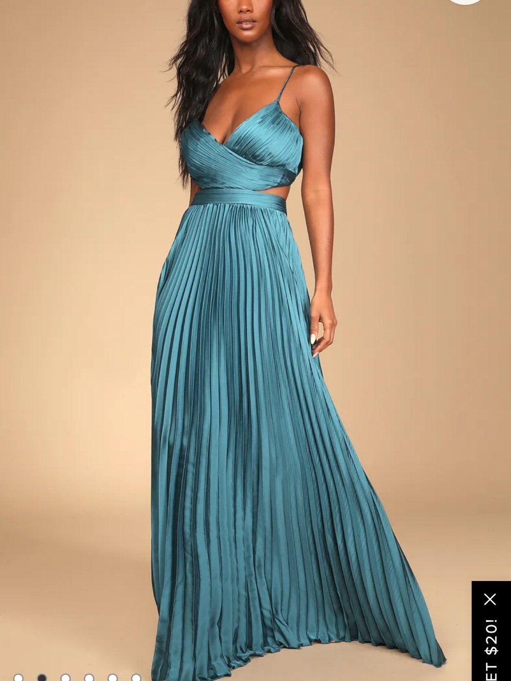 Lulu's Teal Pleated Satin Maxi Dress with Cutout Waist